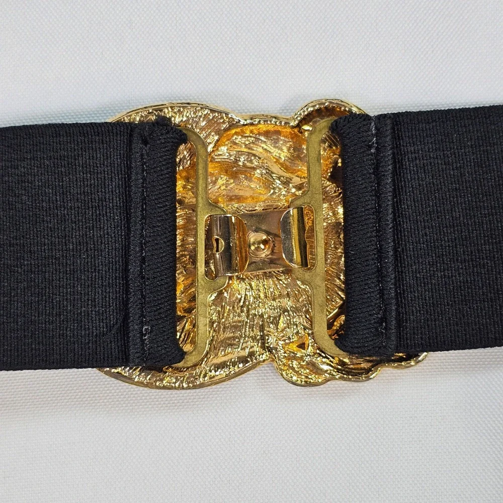 Vintage Black Enamel Gold Tone Twisted Rope Buckle Elastic Cinch Waist Belt